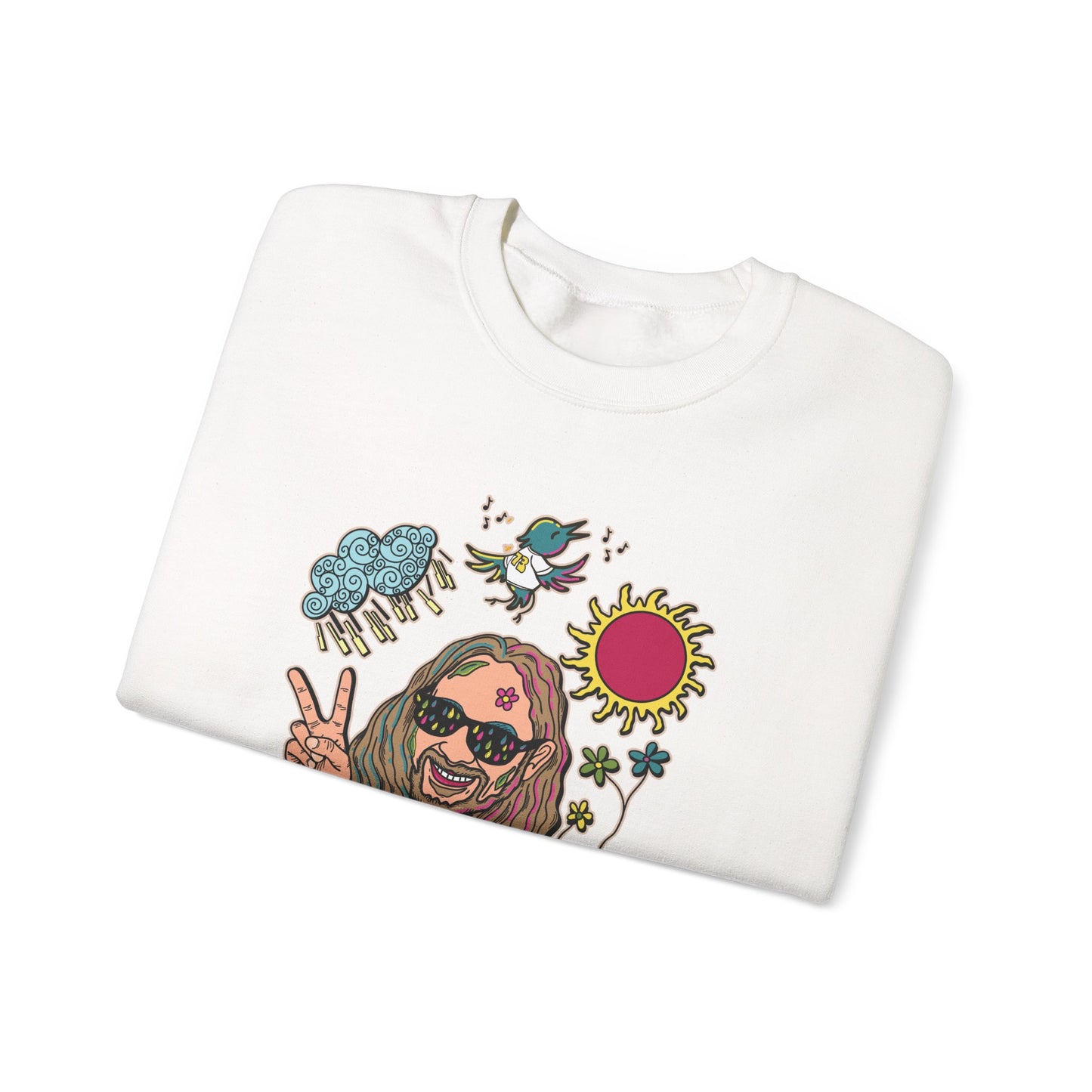 Retro Peace Vibes Sweatshirt — 'Rain or Shine' Graphic Crewneck
