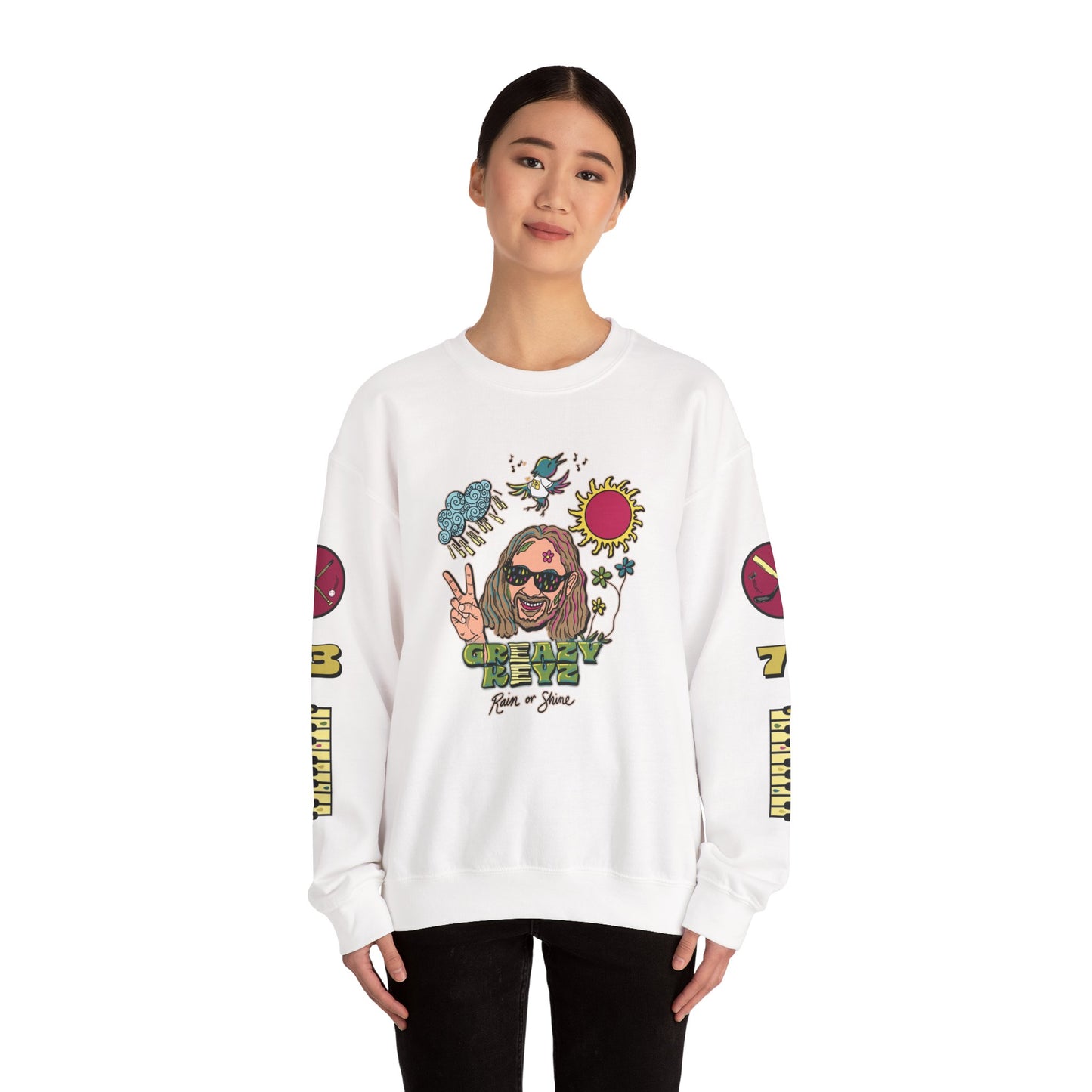 Retro Peace Vibes Sweatshirt — 'Rain or Shine' Graphic Crewneck